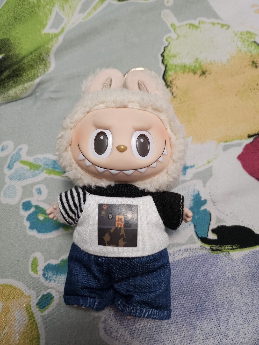 Labubu  Hoodie Doll with Blue Pants - Cream Hood